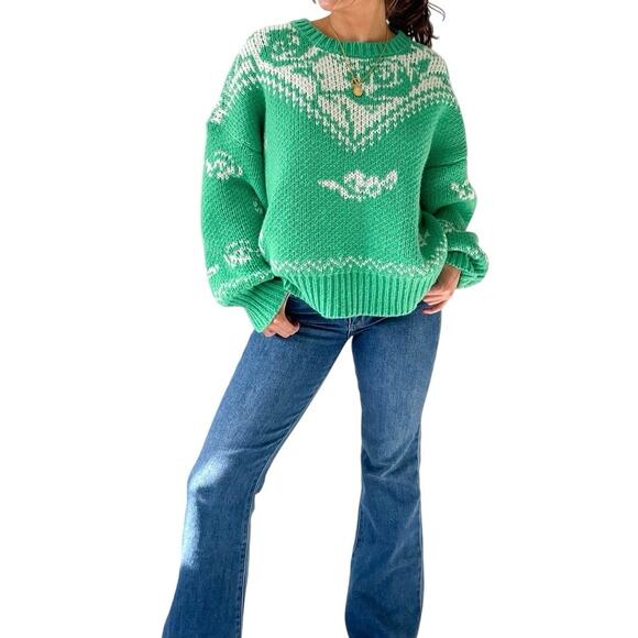 Grey Bandit Juliana Sweater Green White Floral Knit Crewneck XS | Fall | Winter - Picture 1 of 5